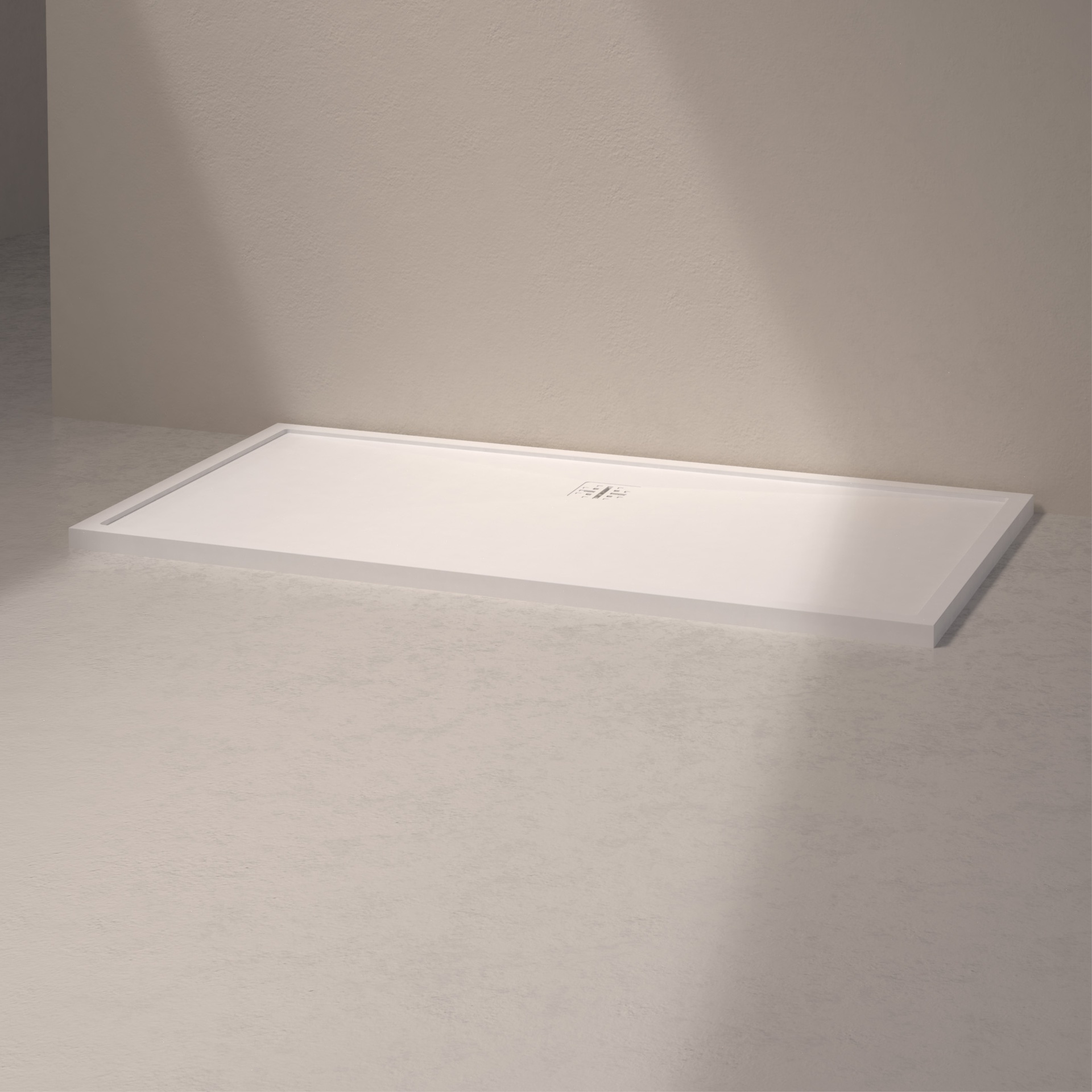 [MSTEL90170-WHITE] Mist douche vloer, lange zijde afvoer (170x90, natuursteen wit)